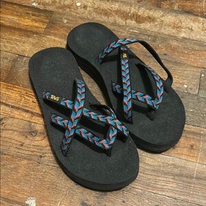 Teva Black Flip Flops with Colorful Straps